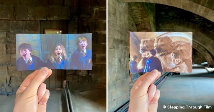 man holds up images of Harry Potter movie scene on the background of Durham Cathedral Triforium, which was used as a filming location.
